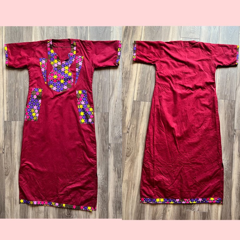Vintage 70s Kaftan Cotton Burgundy Red Pink Geometric Sz XL Pockets Maxi Dress